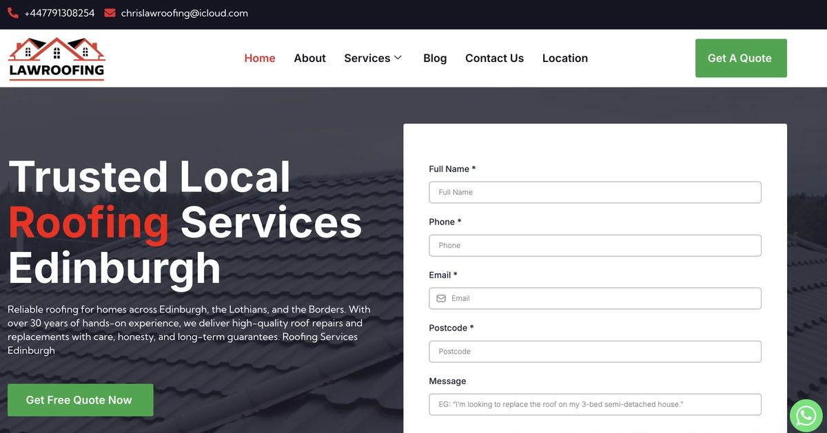 Law Roofing website built by Perform and Scale